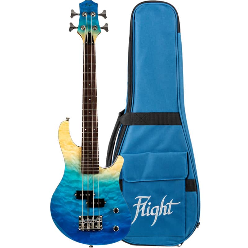 Flight Mini Bass (TBL) Solid Body Transparent Blue New - gradient blue finish on a quilted maple top image 1