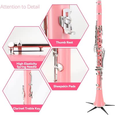 Bb Clarinet For Beginners Students B Flat Clarinet 17 Keys Clarinet with Case Stand Strap 2 Barrels 8 Mouthpiece Cushion White Gloves(Pink) image 2