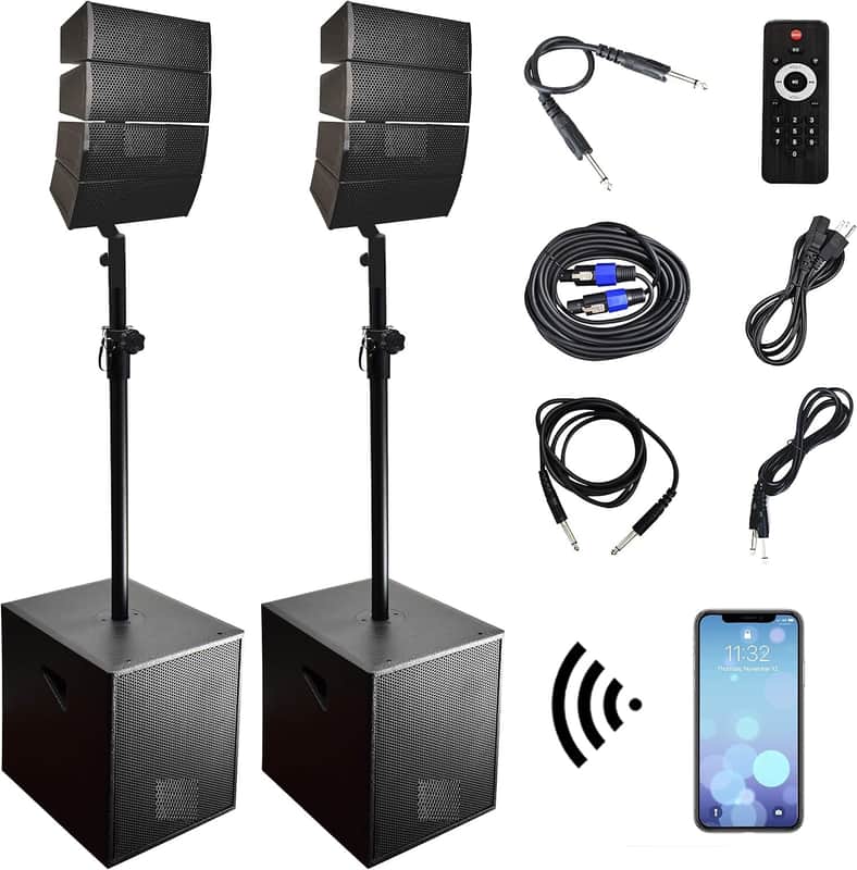 12-Inch 4000w DJ Powered PA Speaker System Combo Set with Bluetooth USB Drive Read Function SD Card Remote Control,Two subwoofers and 8 line Array Speakers Set for Church, DJ, Live image 1