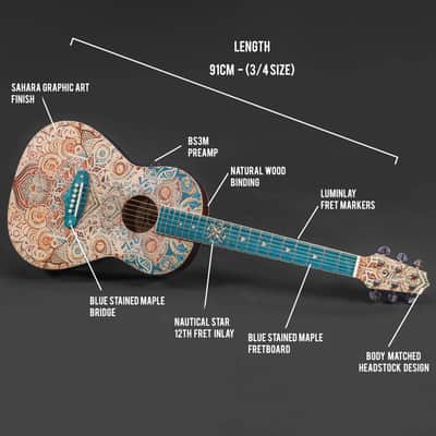 Lindo Sahara STEEL STRUNG Electro Acoustic Travel Guitar | BS3M Mic Piezo Blend Preamp / LCD / EQ / Tuner | Nautical Star 12th Fret Inlay | Graphic Art Finish | 20th Anniversary Special Edition image 5