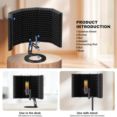 Microphone Isolation Shield, Foldable Mic Shield with Triple Sound Insulation, Reflection Filter with 3/8" and 5/8" Mic Threaded Mount for Recording Studio, Podcasts, Singing, and Broadcasting image 4