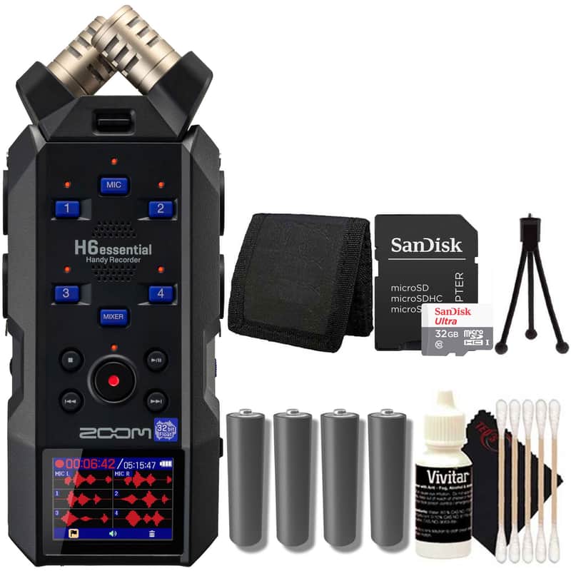 Zoom H6essential 6-Track 32-Bit Float Portable Audio Recorder + SanDisk 32GB Ultra UHS-I microSDHC Memory Card with SD Adapter + Memory Card Wallet + 5pc Cleaning Kit image 1
