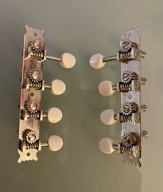 StewMac Golden Age Restoration Tuners for Oval Hole F-Style Mandolins 1904-1922 - Bright nickel, ivoroid knobs image 1