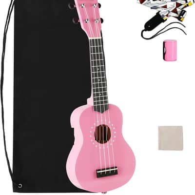 Soprano Ukulele for Beginner Kids with Gig Bag 21 Inch Uke for Starter Hawaiian Soprano Ukelele Polishing Adults Basswood 21 Inch uke bundle with Strap Picks Songbook Cleaning Cloth (Pink) image 1