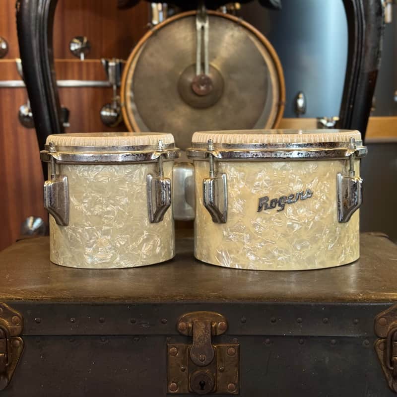 VINTAGE 1960's Rogers Bongos in White Marine Pearl - 6" & 8" image 1