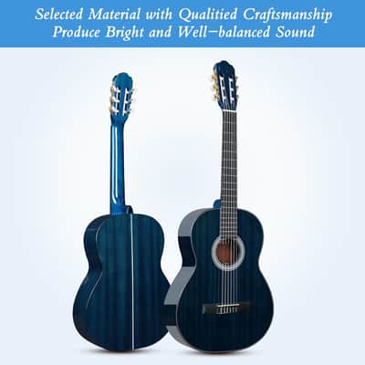 4/4 Classical Guitar, 39 Inch Full Size Nylon String Guitar for Beginner Adults, Full Classic Guitar Kit with Free Lessons, Gig Bag, Footstool, Capo, Tuner, Hanger and Strap (Glossy Blue) image 2