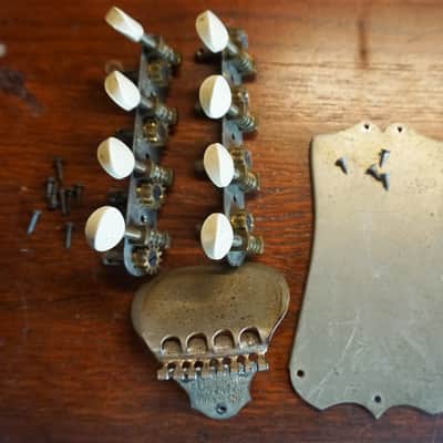 Vintage Mandolin Parts Bridge, Tuners & Headstock Plate “Bell Brand” image 1
