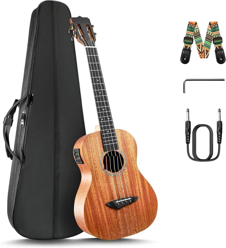 Baritone Electric Ukulele All Solid Mahogany Wood 30'' Professional Wood Ukelele Instrument Kit Small Hawaiian Guitar Beginner ukalalee Starter Pack Bundle Gig bag, Strap, String Set image 1