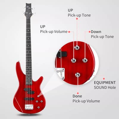 Electric Bass Guitar 4-String 44-Inch for Beginners with 20W Amplifier – Transparent Dark Red image 2