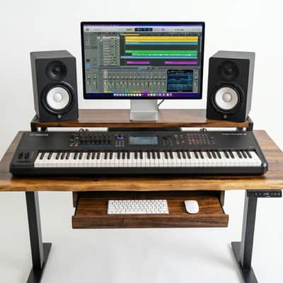 Height-Adjustable Walnut Home Studio Desk with Keyboard Tray Solid Wood  image 2