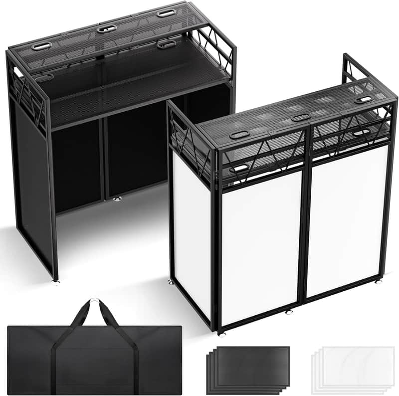 DJ Booth Stand Portable - DJ Table Facade for Laptop Double Top Storage Height Adjustable with Black & White Scrims DJ Stand Foldable with Storage Bag, Cable Holes, 40.7" L x 19.7" W, Black image 1