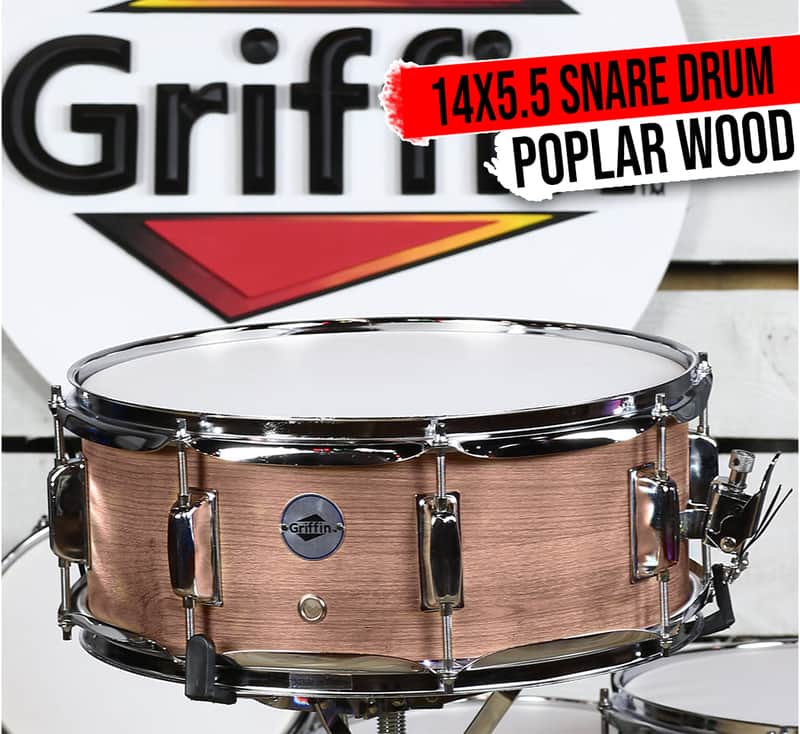 GRIFFIN Snare Drum - 14" x 5.5 Oak Wood Poplar Shell Percussion Head Key Kit Set image 1