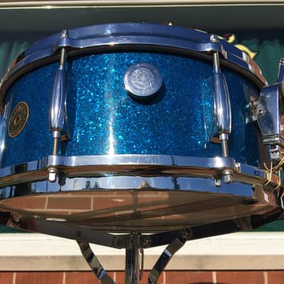1959/60 Gretsch Round Badge Broadkaster Name-Band Drum Set - Blue Glass Glitter 22/13/16/5x14 Snare image 10