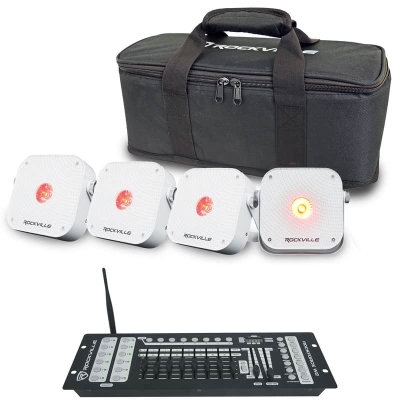 Rockville 4 PACK MINI RF1 V3 White Rechargable RF DJ Wash Lights+Bag+Controller image 1