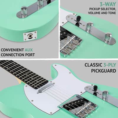 Electric Guitar , Full-Size Paulownia Wood Body, 3-Ply Pickguard, C-Shape Neck, Ashtray Bridge, Quality Gear Tuners, 3-Way Switch & Volume/Tone Controls, 2 Picks Included, Green image 2
