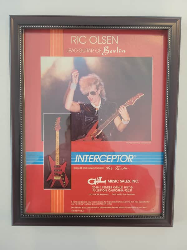 1985 G & LGuitars Color Promotional Ad Framed Ric Olsen Berlin Interceptor Guitar Original image 1