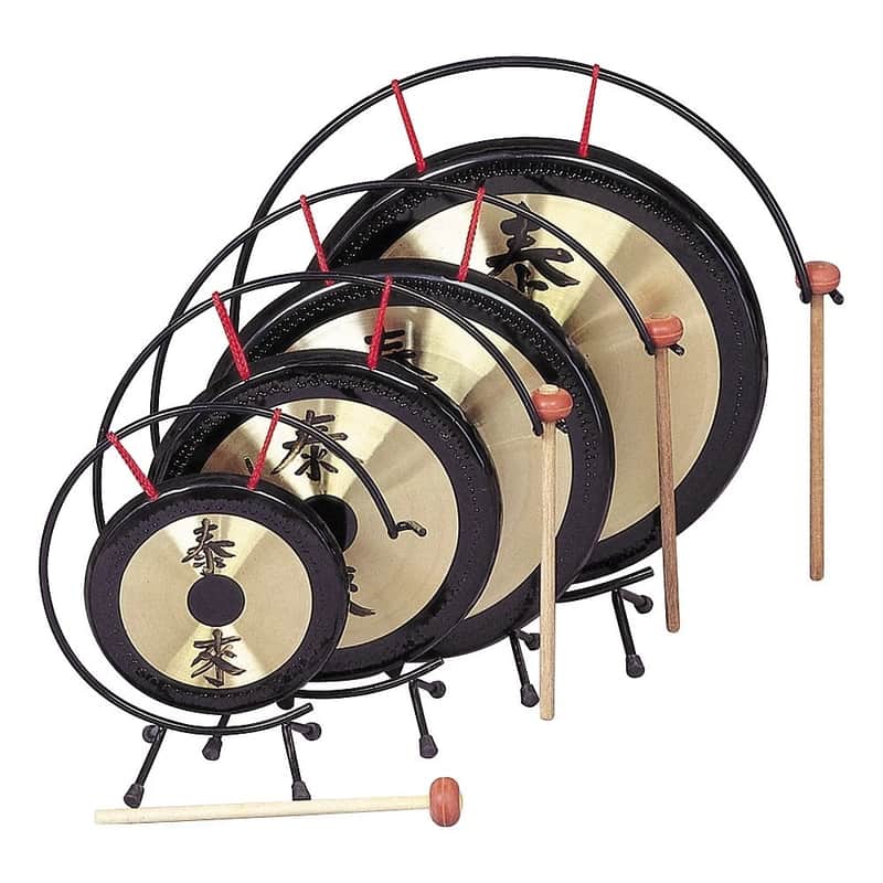 Adjustab14" Hand-Hammered Oriental Table Gong with Stand & Mallet – Chinese Inscription “The Good Shall Come; The Bad Shall Go”le Black Metal Gong Stand with Locking Wheels – Fits Gongs Up to 40" – Height 24"–42" image 1
