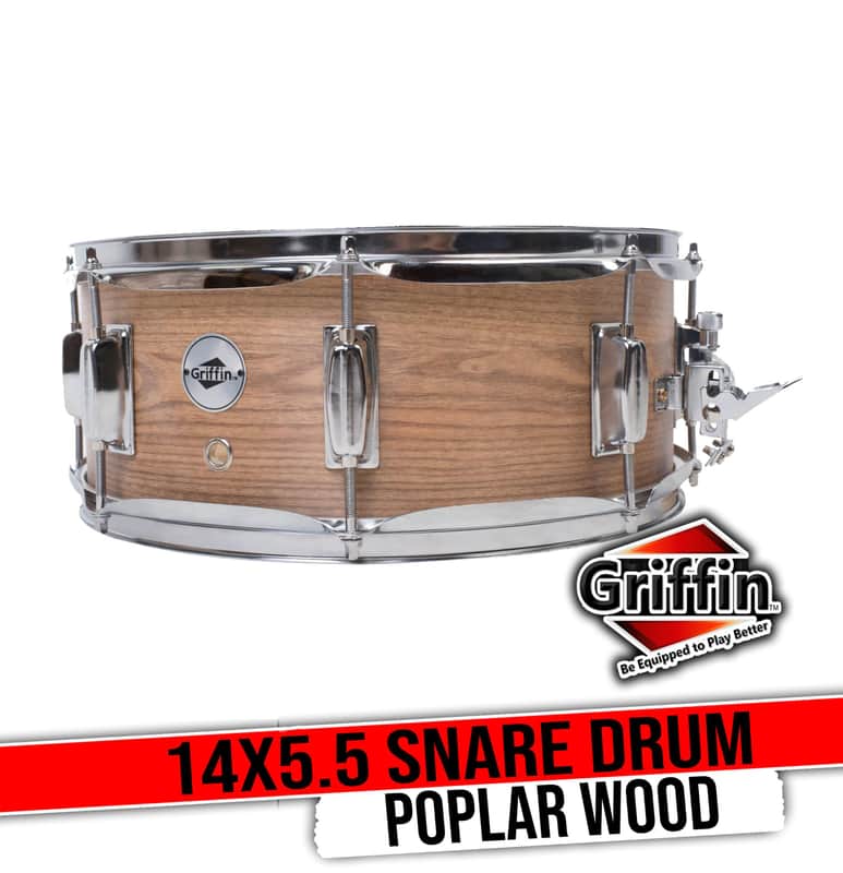 GRIFFIN Snare Drum – 14" x 5.5" (PoplarPro Edition) with Oak Wood PVC Wrap, Coated Head, 8 Tuning Lugs, Deluxe Snare Throw Off & Key image 1