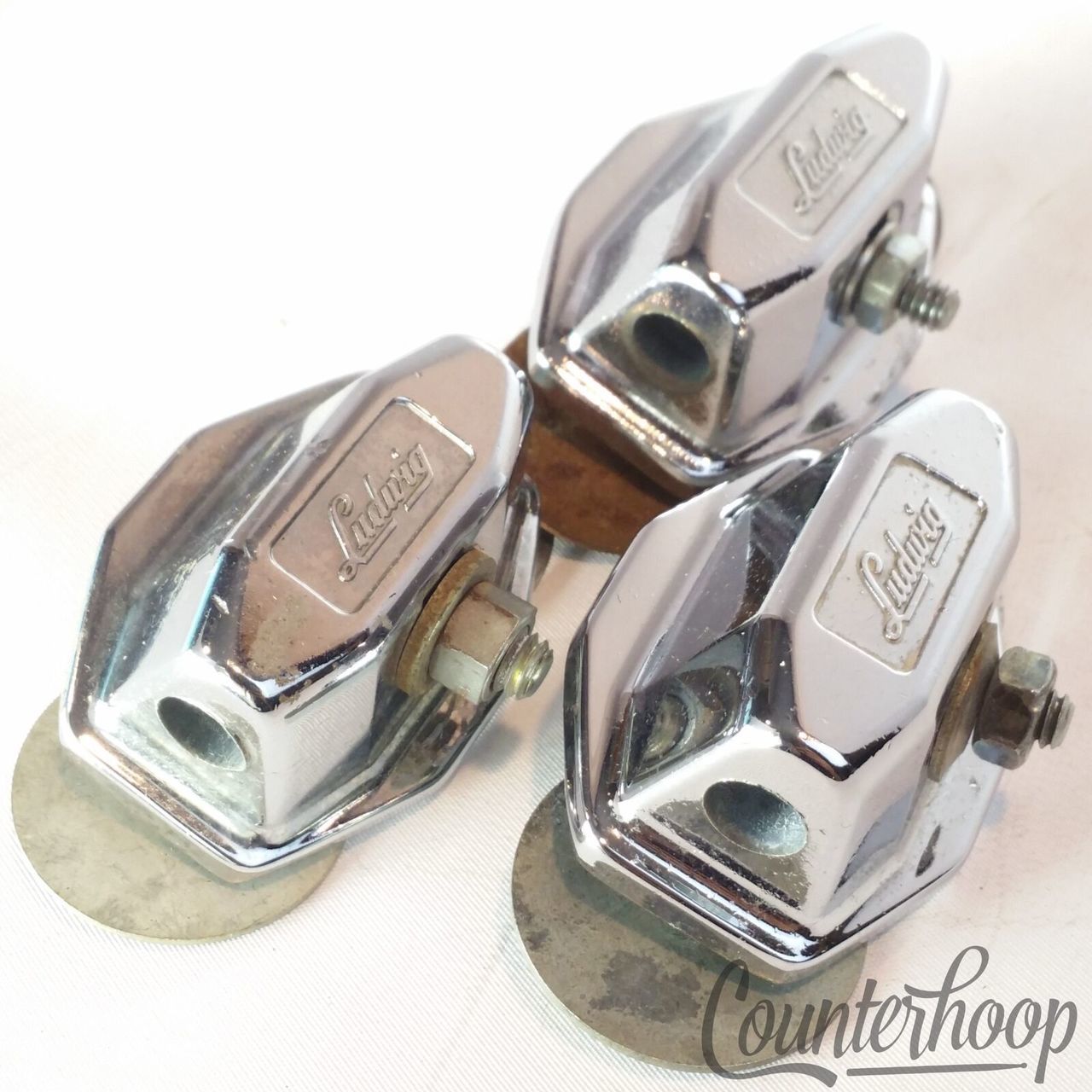 Ludwig 3x Floor Tom Drum Leg/Bass Spur/Cymbal Arm Mounts Chrome 60s Vintage USA — main photograph