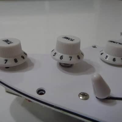 Handmade prewired HSH neodymium Strat pickguard with HB split switch TR BL and mid PU cutoff switch. image 6