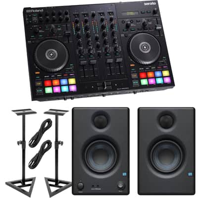 Roland DJ-707M 4-Channel DJ Controller, Presonus Eris3.5 Monitors, Monitor Stands, (2) 1/4 Cables Bundle