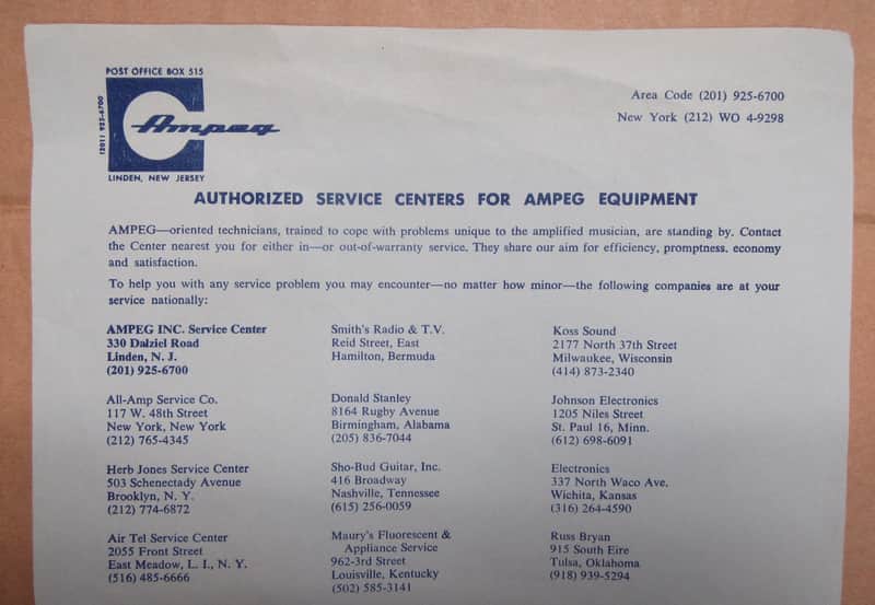 Ampeg Authorized Dealer Network Sheet 1968 image 1
