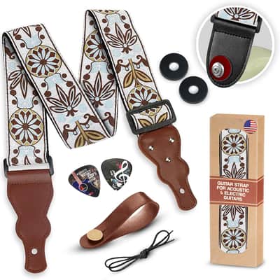 Guitar Strap For Acoustic, Electric and Bass Guitars, White Vintage Woven Embroidered Adjustable Strap Includes 2 Strap Locks & 2 Picks Pick Pocket image 1