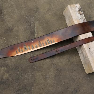 Burny Black Custom Guitar Strap - Pine trees Forest - Vegitable tanned leather For Acoustic or Electric Guitars made to order - oil image 8