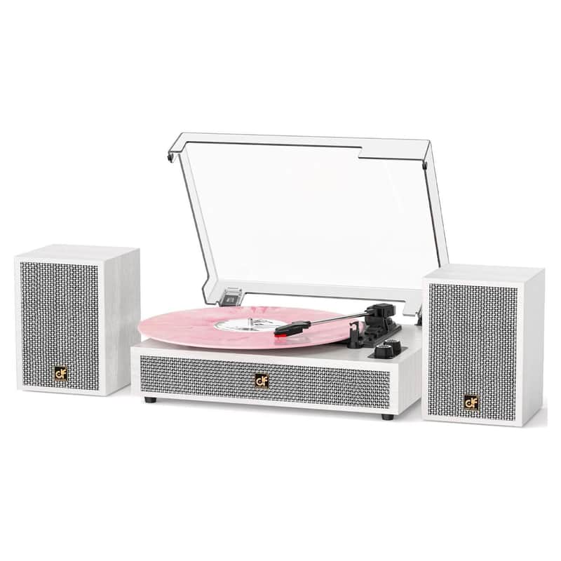 White Bluetooth Vinyl Record Player Turntable w/ Dual 30W Stereo Speakers 3-Speed RCA AUX image 1
