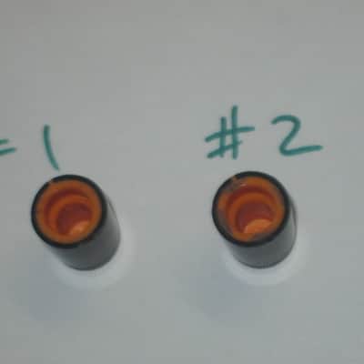 two used genuine Boss DF-2 KNOB, fits split shaft shaft (stem) mid 1980s/early 1990s - TOP: orange with black marker // SIDES: black // hard plastic (NO: pedal/other items) TOP side: some short scratches & few nicks / BLACK areas: few scratches image 5