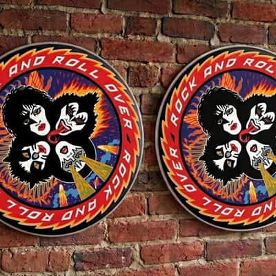 KISS, TWO 22", ROCK N ROLL OVER Bass Drumheads, Peter Criss, Eric Singer, Eric Carr