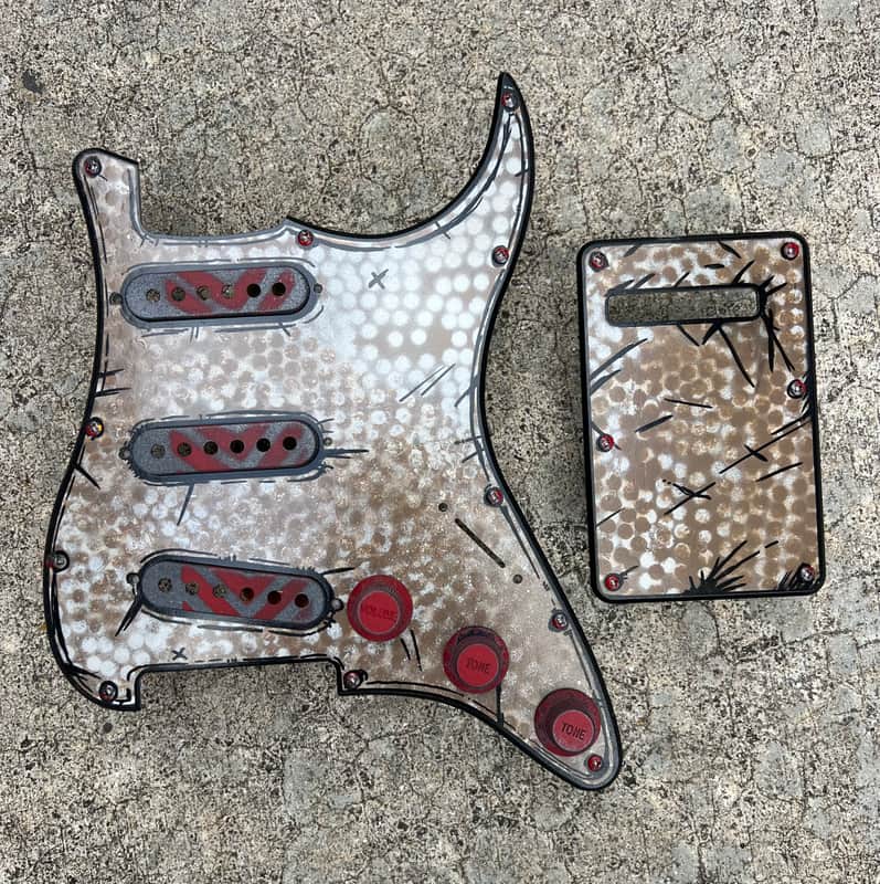 🎨 Custom Hand-Painted Stratocaster Pickguard Set (SSS) + Backplate — Rusted Relic Red-Core Design — 48/50/52mm Spacing image 1
