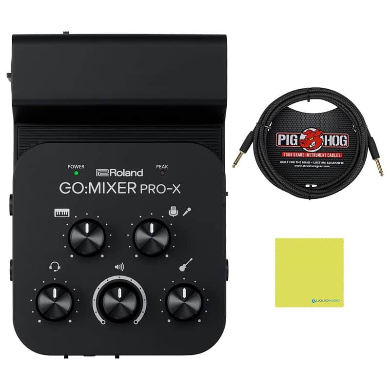 Roland GO:MIXER PRO-X Audio Mixer for Smartphones Bundle with 10ft Pig Hog Instrument Cable & Polishing Cloth – Mix up to 7 Audio Sources, Enhance Livestreams & Social Content with Pro Sound image 1