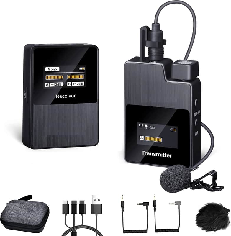 Wireless Microphone System for Cameras, Camcorders, Smartphones, Laptops, Compact Wireless Lavalier Lapel Microphone with Noise Reduction, Low Latency, Monitoring, Muting image 1