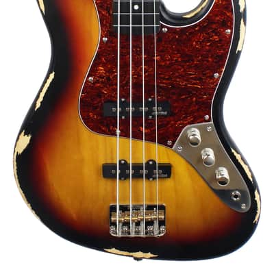 Vintage V74 Icon Fretless Bass Guitar in Distressed Sunset Sunburst w/Upgraded Pickguard image 2