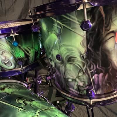 Rikki Rockett's Poison, Rockett Drum Works "Zombie" Kit: 22", 12", 14", 16", 6x14" Snare.  Purple Hardware 2012 - Custom Graphics By Craig Fraser. SIGNED! image 12