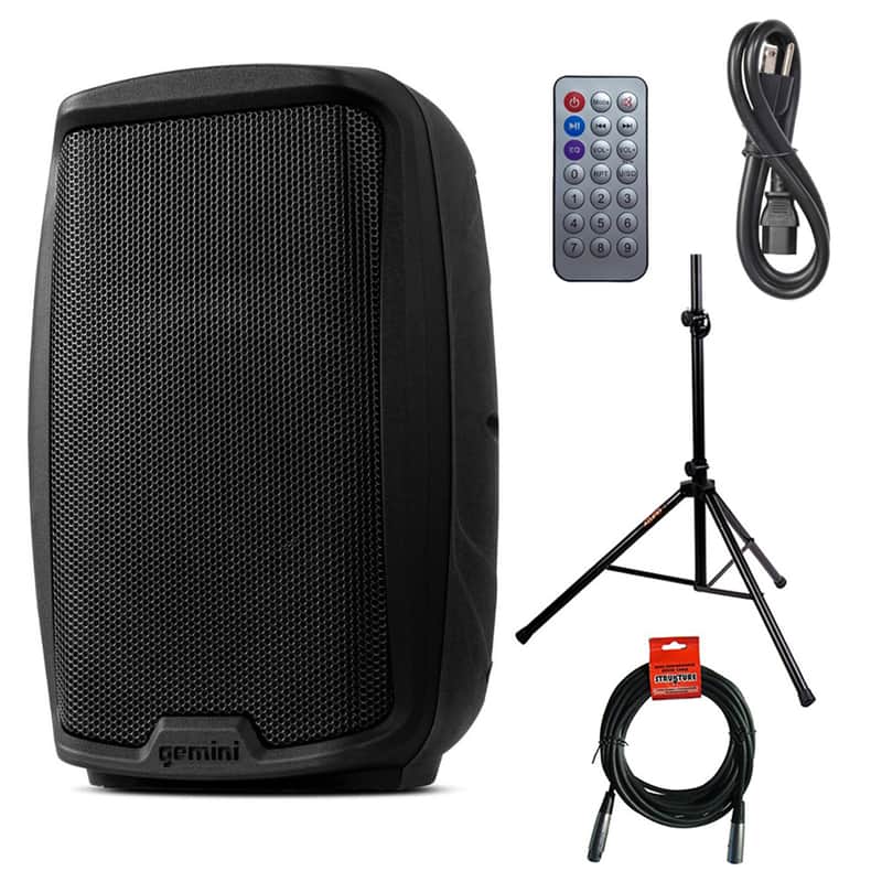 Gemini Sound AS-2108BT Active 8" Inch Woofer 500W Watt DJ Monitor Powered Amplified PA Speakers System With Bluetooth Bundle with Auray SS-4420 Steel Speaker Stand and XLR Cable image 1