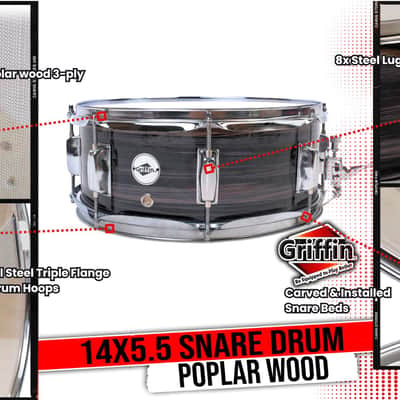 Griffin Snare Drum - 14" x 5 - 5" Poplar Wood Shell with Zebra PVC Glossy Finish Percussion Musical Instrument with Drummers Key image 12