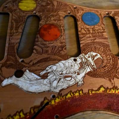 Hand-Painted Cherrywood Pickguard for Fender Stratocaster HSS/SSS – Laser-Engraved 'Stumble' Design image 5