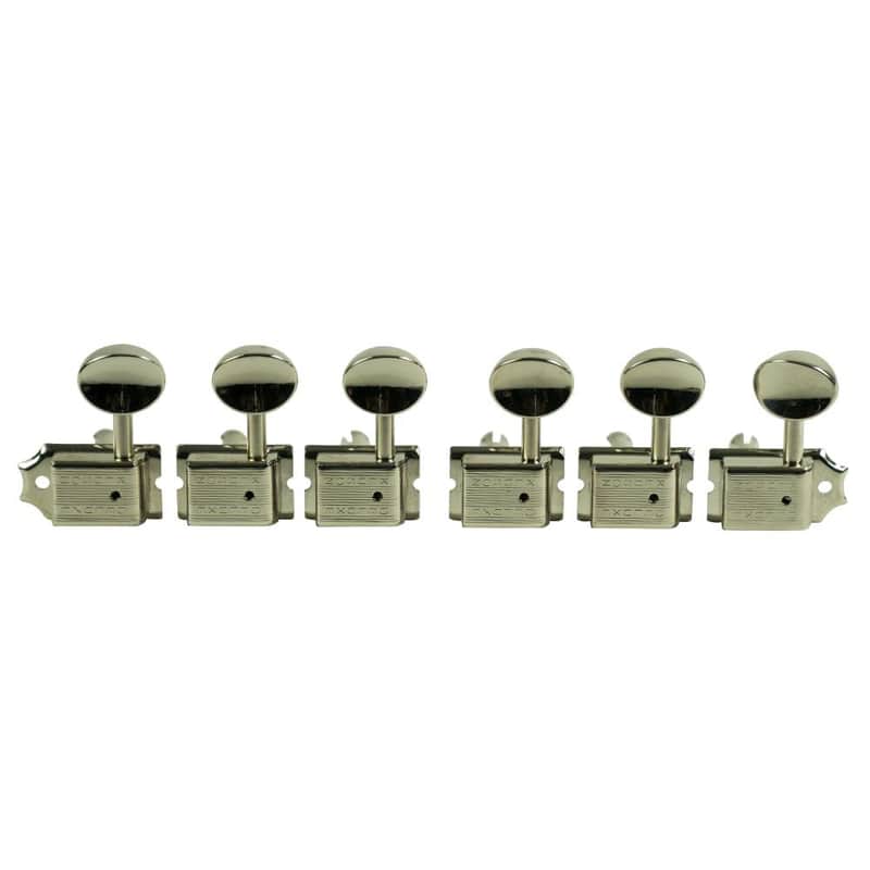 Kluson 6 In Line Left Hand Deluxe Series Tuning Machines - Double Line - SafeTi Post - Nickel With Oval Metal Buttons image 1