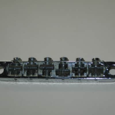 visibly used / relic'd real player's wear Epiphone B-2 metric ABR-1 vintage style bridge CHROME, large posts mounting pieces (NO anchors) early 2000s (for some import guitars that use this style bridge) will NOT fit on Gibson - mounting holes are too big image 18