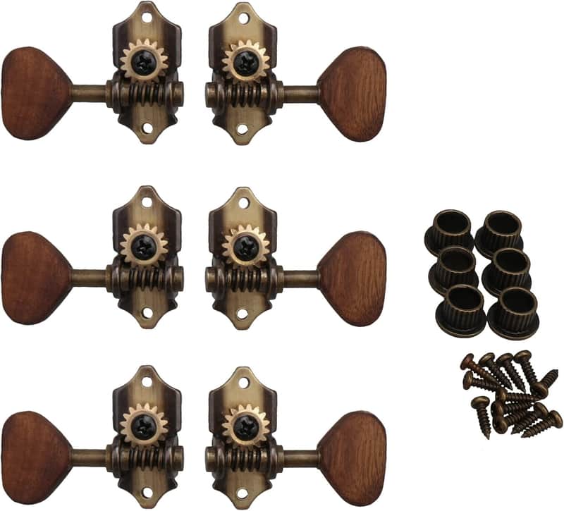 6pcs Vintage Bronze Acoustic Guitar Tuners – 3R 3L Open Gear Tuning Pegs w/ Acacia Wood Buttons image 1