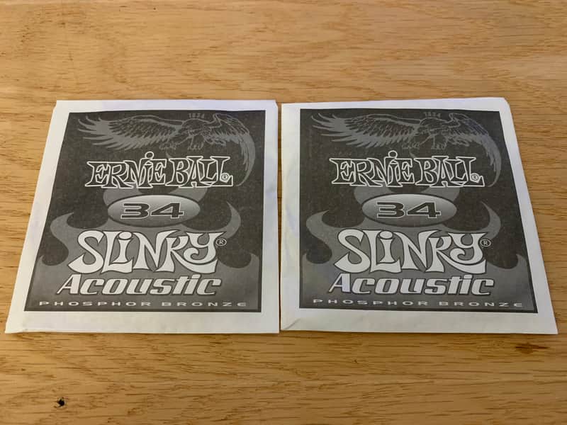 Two Single .034 Gauge Slinky Acoustic Guitar Strings (Ernie Ball - Bronze) Opened, Not Played image 1
