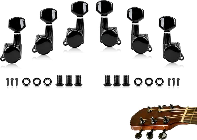 Guitar Locking Tuners 6 Inline ,Lock String Tuning Key Pegs ,guitar machine heads with Hexagonal Handle Replacement for ST TL LP Style Electric, Folk or Acoustic Guitars (Black,3 Left+3 Right) image 1