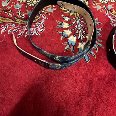Bobby Lee Black blue orange paisley and brown leather guitar strap 1960s image 6