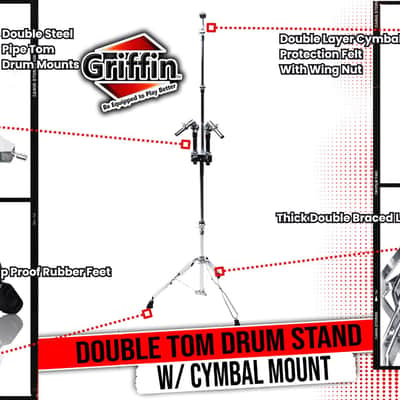 Griffin Double Tom Drum Stand with Cymbal Arm - Percussion Set Hardware with Dual Drum Mounts Medium Duty Tom Holder with Double Braced Tripod Legs image 10