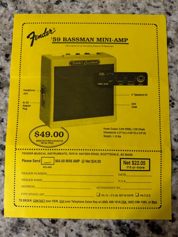 Fender 59 Bassman Mini Amp Dealer Flyer 90s image 1