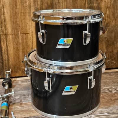 Vintage Late 1970s Ludwig Black Cortex Concert Toms 6.5x10 & 8x12 w/ Ludwig Double Tom Stand Blue & Olive Badges image 10