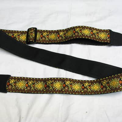 LM Jaquard yellow & orange RETRO pattern GUITAR strap NEW nylon - LEATHER ends image 4