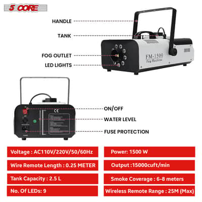 5 Core Fog Machine 1500W Smoke Machine 6000CFM Liquid Low Lying Indoor Outdoor Water Based 2.5L Fog Maker w LED Lights Fogger for Halloween Wedding Party Christmas Stage Effect Gender Reveal - FOG 1500 image 3